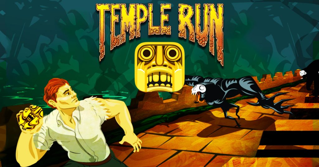 man running from demon to save his life, jungle background, temple run written 