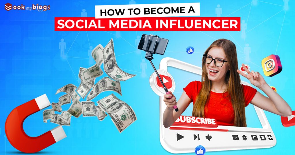 social media influencer girl in red with blue background coming out of youtube screen