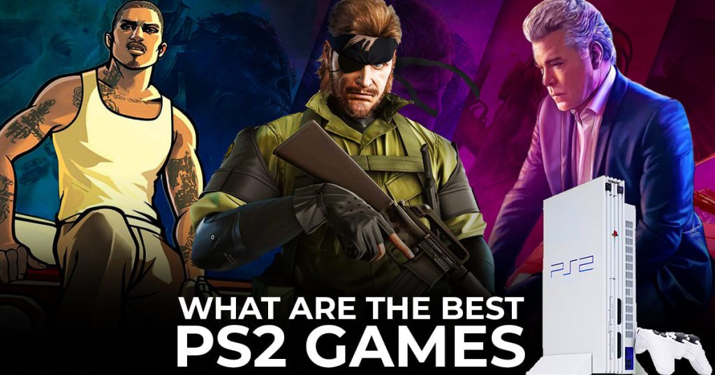 3 man standing in front with dark blue and purple background, best ps2 games written on top