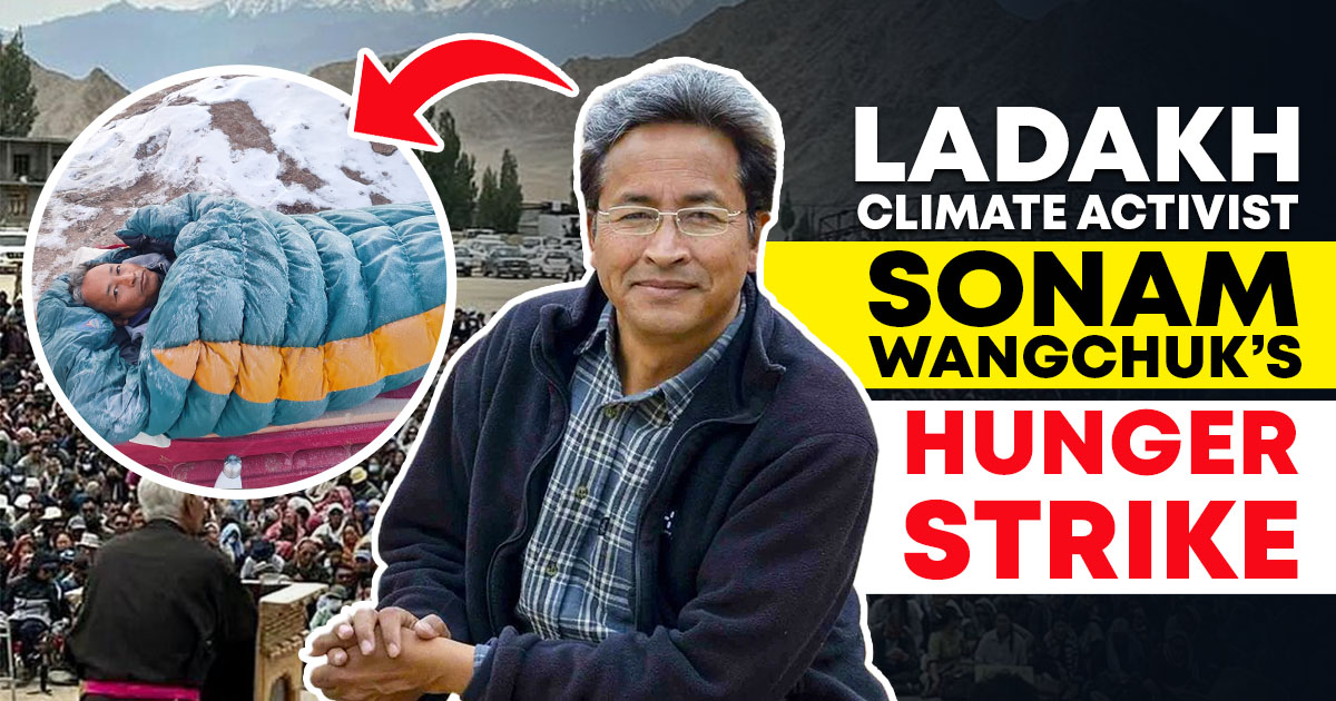 Ladakh Climate In this poster Activist Sonam Wangchuk’s Hunger Strike is shown in a black color background