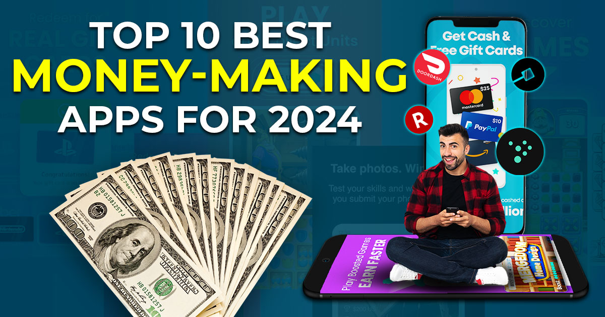 top 10 money making apps for 2024 written on top of the poster with a man in it