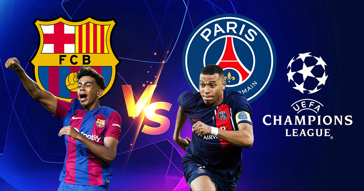 barca vs psg in uefa champtions league, mbappe and yamal in the poster