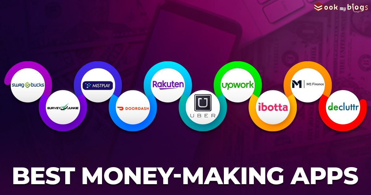 showing best money making apps, containing 10 application logo with a purple background